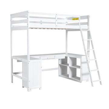 Twin Size Loft Bed with U-shaped Desk, Drawers and Storage Shelves