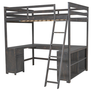 Full Size Loft Bed with U-shaped Desk, Drawers and Storage Shelves