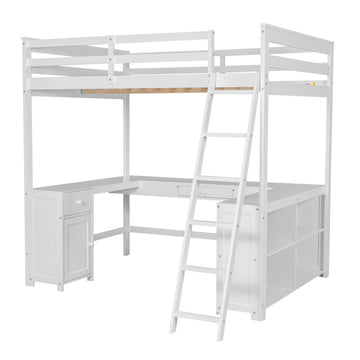 Full Size Loft Bed with U-shaped Desk, Drawers and Storage Shelves