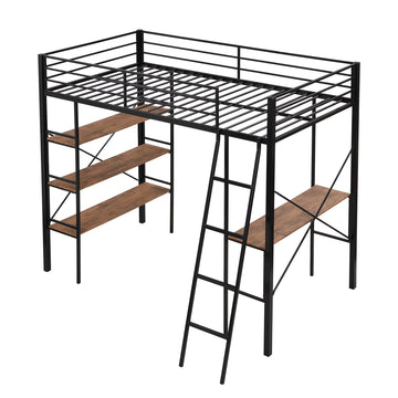 Twin Size Metal Loft Bed with Shelves and Desk