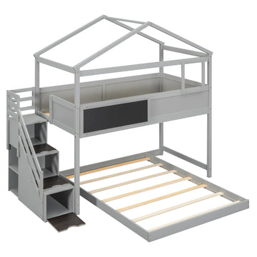 Twin Over Full House Bunk Bed with Storage Staircase and Blackboard