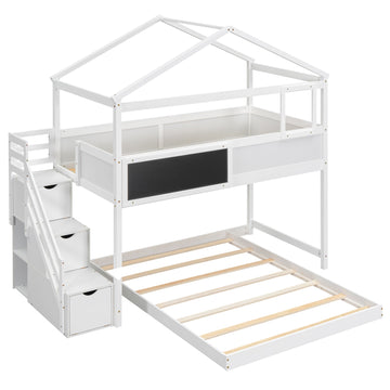 Twin Over Full House Bunk Bed with Storage Staircase and Blackboard