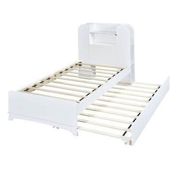 Twin Size Storage Platform Bed Frame with with Trundle and Light Strip Design in Headboard