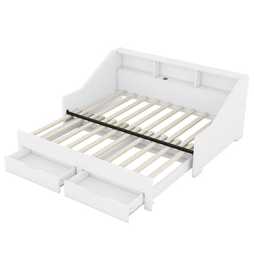 Twin to King Size Daybed Frame with Storage Bookcases and Two Drawers,Charging Design