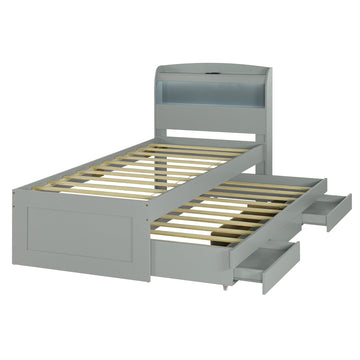 Twin XL Size Platform Bed with Storage LED Headboard, Charging Station, Twin Size Trundle and 2 Drawers