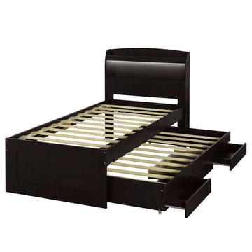 Twin XL Size Platform Bed with Storage LED Headboard, Charging Station, Twin Size Trundle and 2 Drawers