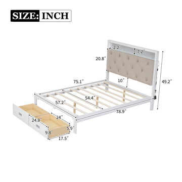 Wood Full Size Platform Bed with Upholstered Headboard and LED and 2 Drawers