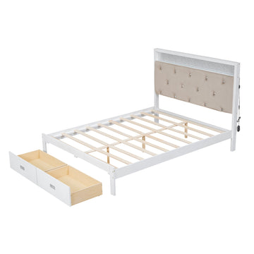 Wood Queen Size Platform Bed with Upholstered Headboard and LED and 2 Drawers