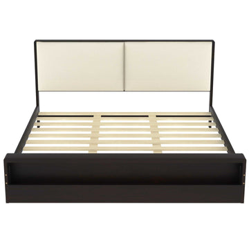 King Size Platform Bed Frame with Upholstery Headboard and  Bookshelf in Footboard and LED Light Strips