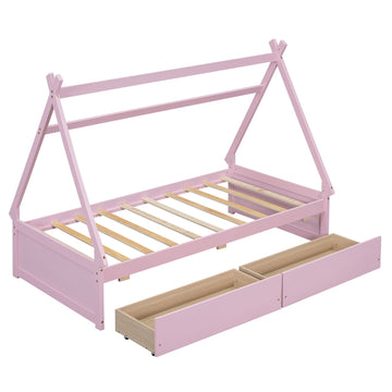 Twin Size House Platform Bed with Two Drawers,Headboard and Footboard