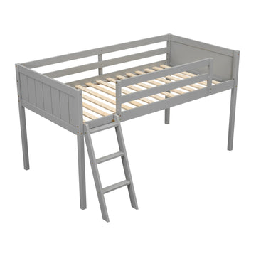 Twin Size Wood Low Loft Bed with Ladder, ladder can be placed on the left or right