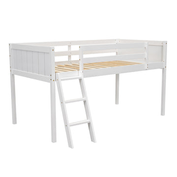 Twin Size Wood Low Loft Bed with Ladder, ladder can be placed on the left or right