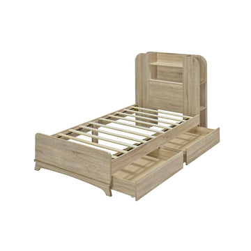 Twin Size Storage Platform Bed Frame with with Two Drawers and Light Strip Design in Headboard