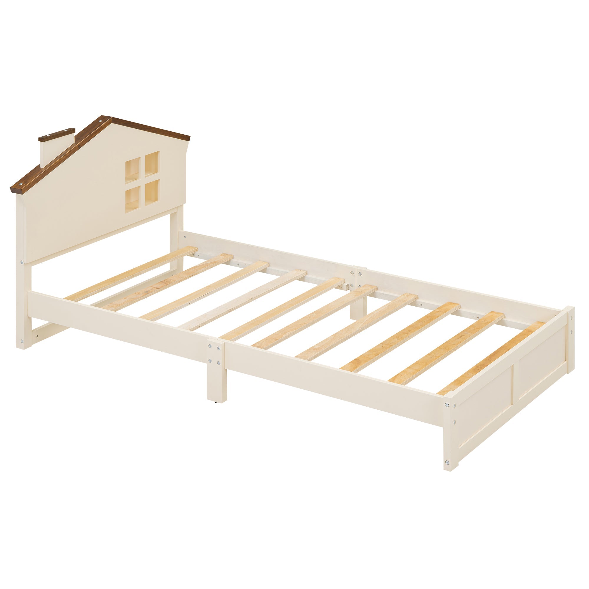 Twin Size Wood Platform Bed with House-shaped Headboard and Built-in LED