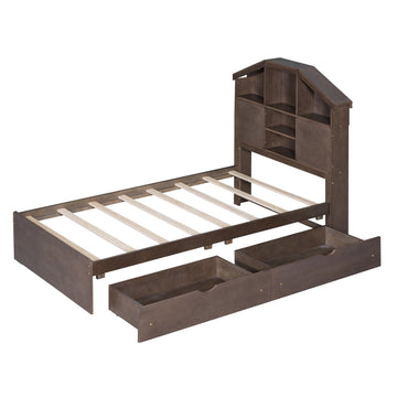 Twin Size Wood Platform Bed with House-shaped Storage Headboard and 2 Drawers