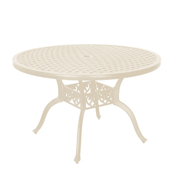 47 Inches Outdoor Dining Table Cast Aluminium Round Table Patio Dining Table with Umbrella Hole All Weather Outdoor Bistro Table for Backyard Garden Patio, White