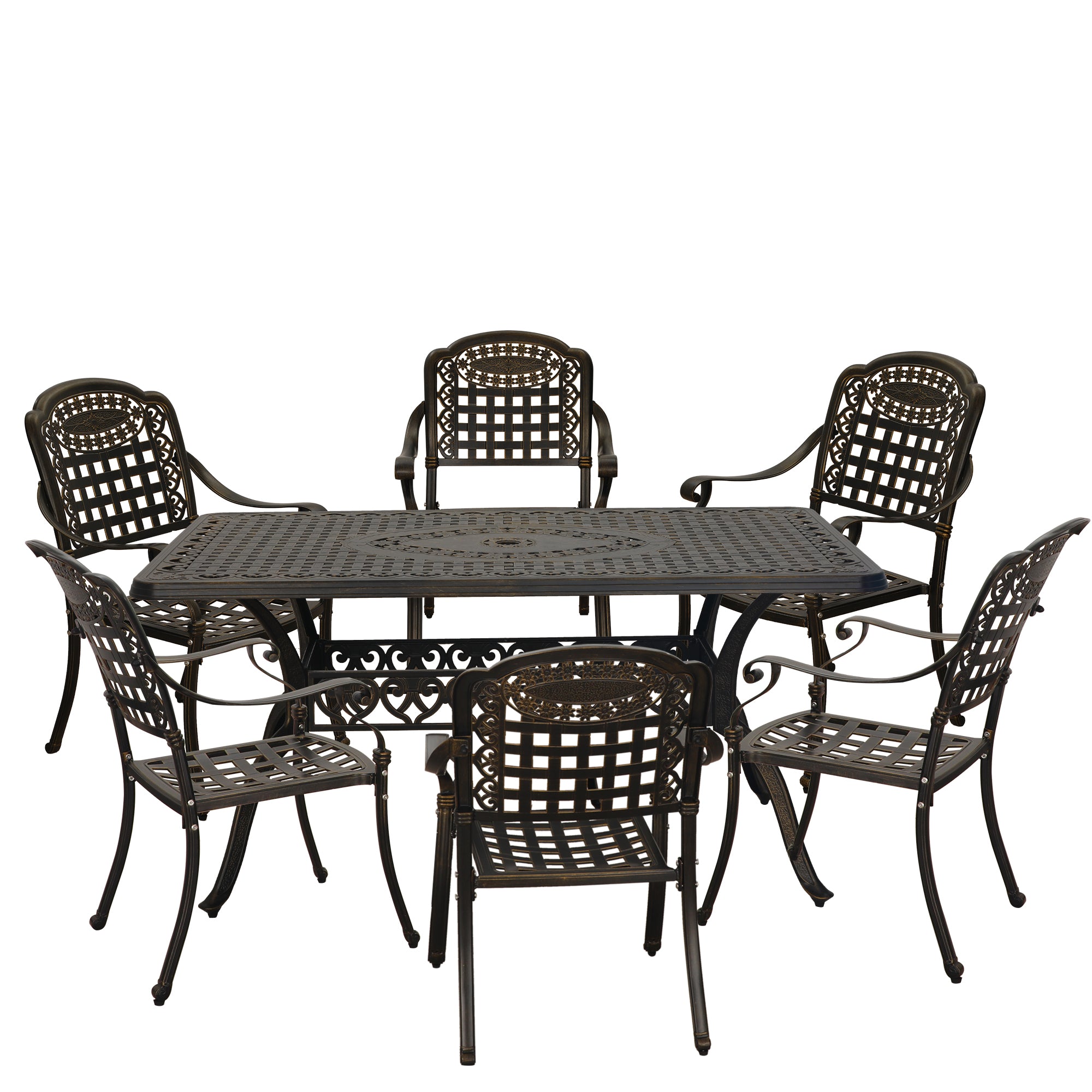 7pcs Outdoor Dining Set Cast Aluminium Patio Dining Set Patio Bistro Set 6 Outdoor Dining Chairs and 59 Inches Rectangular Dining Table for Balcony Porch Backyard Garden