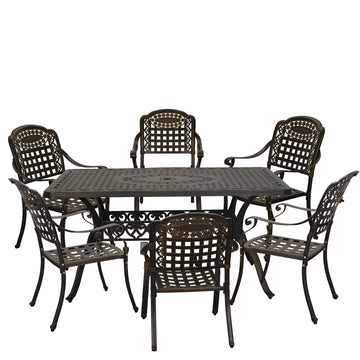 7pcs Outdoor Dining Set Cast Aluminium Patio Dining Set Patio Bistro Set 6 Outdoor Dining Chairs and 59 Inches Rectangular Dining Table for Balcony Porch Backyard Garden