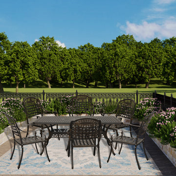 7pcs Outdoor Dining Set Cast Aluminium Patio Dining Set Patio Bistro Set 6 Outdoor Dining Chairs and 59 Inches Rectangular Dining Table for Balcony Porch Backyard Garden