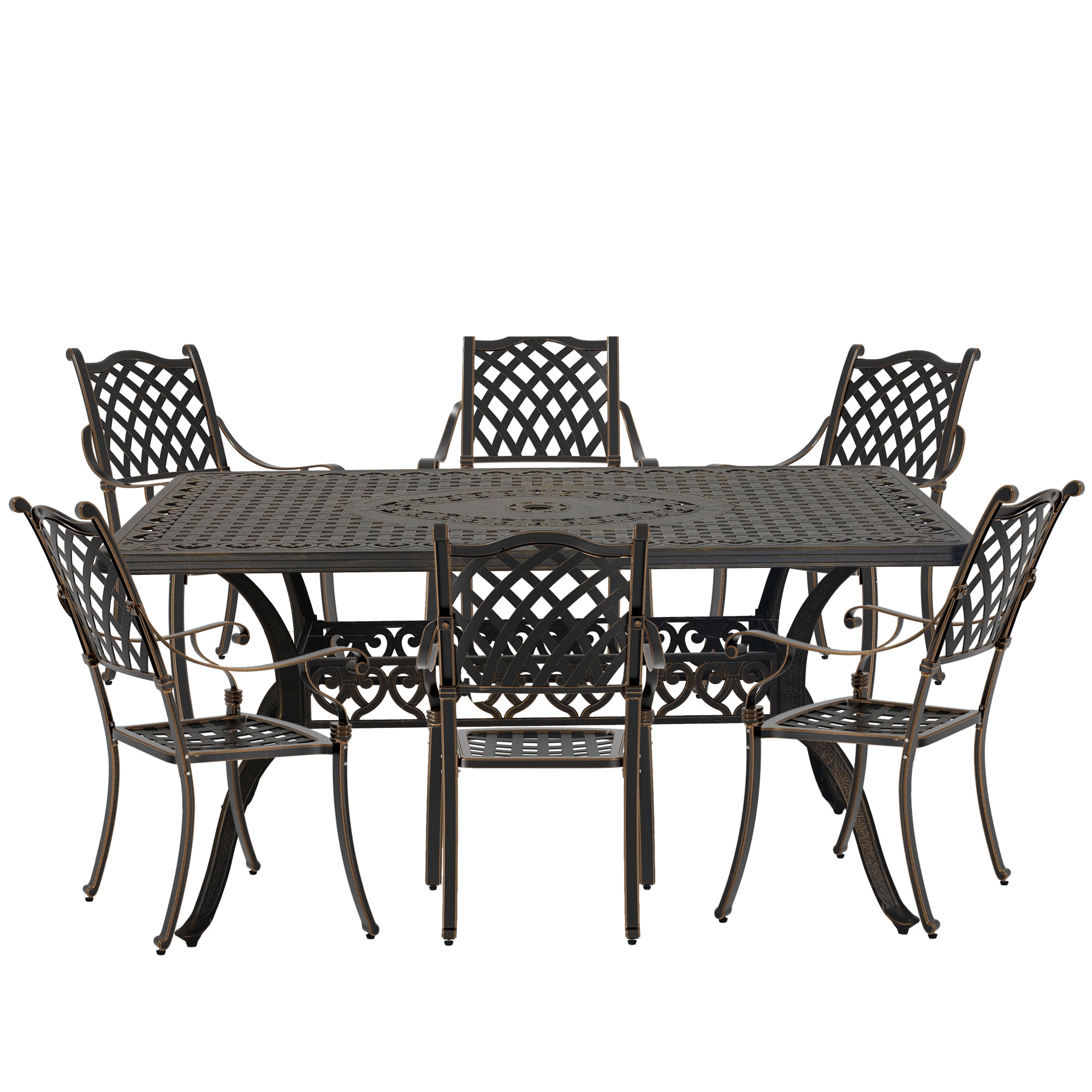 7pcs Patio Dining Set Cast Aluminium Outdoor Dining Set Patio Bistro Set 6 Outdoor Dining Chairs and 59 Inches Rectangular Dining Table for Balcony Porch Backyard Garden