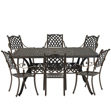 7pcs Patio Dining Set Cast Aluminium Outdoor Dining Set Patio Bistro Set 6 Outdoor Dining Chairs and 59 Inches Rectangular Dining Table for Balcony Porch Backyard Garden