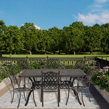 7pcs Patio Dining Set Cast Aluminium Outdoor Dining Set Patio Bistro Set 6 Outdoor Dining Chairs and 59 Inches Rectangular Dining Table for Balcony Porch Backyard Garden