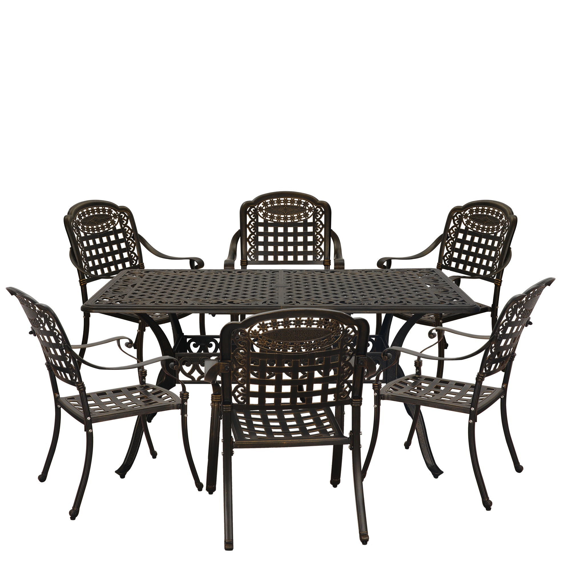 7pcs Cast Aluminium Patio Dining Set Outdoor Dining Set Patio Bistro Set 6 Outdoor Dining Chairs and 59 Inches Rectangular Dining Table for Balcony Porch Backyard Garden