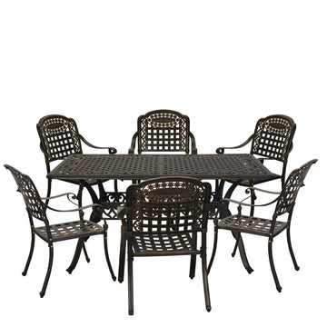 7pcs Cast Aluminium Patio Dining Set Outdoor Dining Set Patio Bistro Set 6 Outdoor Dining Chairs and 59 Inches Rectangular Dining Table for Balcony Porch Backyard Garden