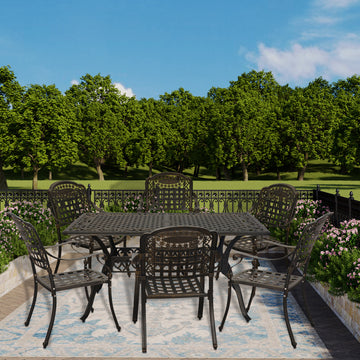 7pcs Cast Aluminium Patio Dining Set Outdoor Dining Set Patio Bistro Set 6 Outdoor Dining Chairs and 59 Inches Rectangular Dining Table for Balcony Porch Backyard Garden