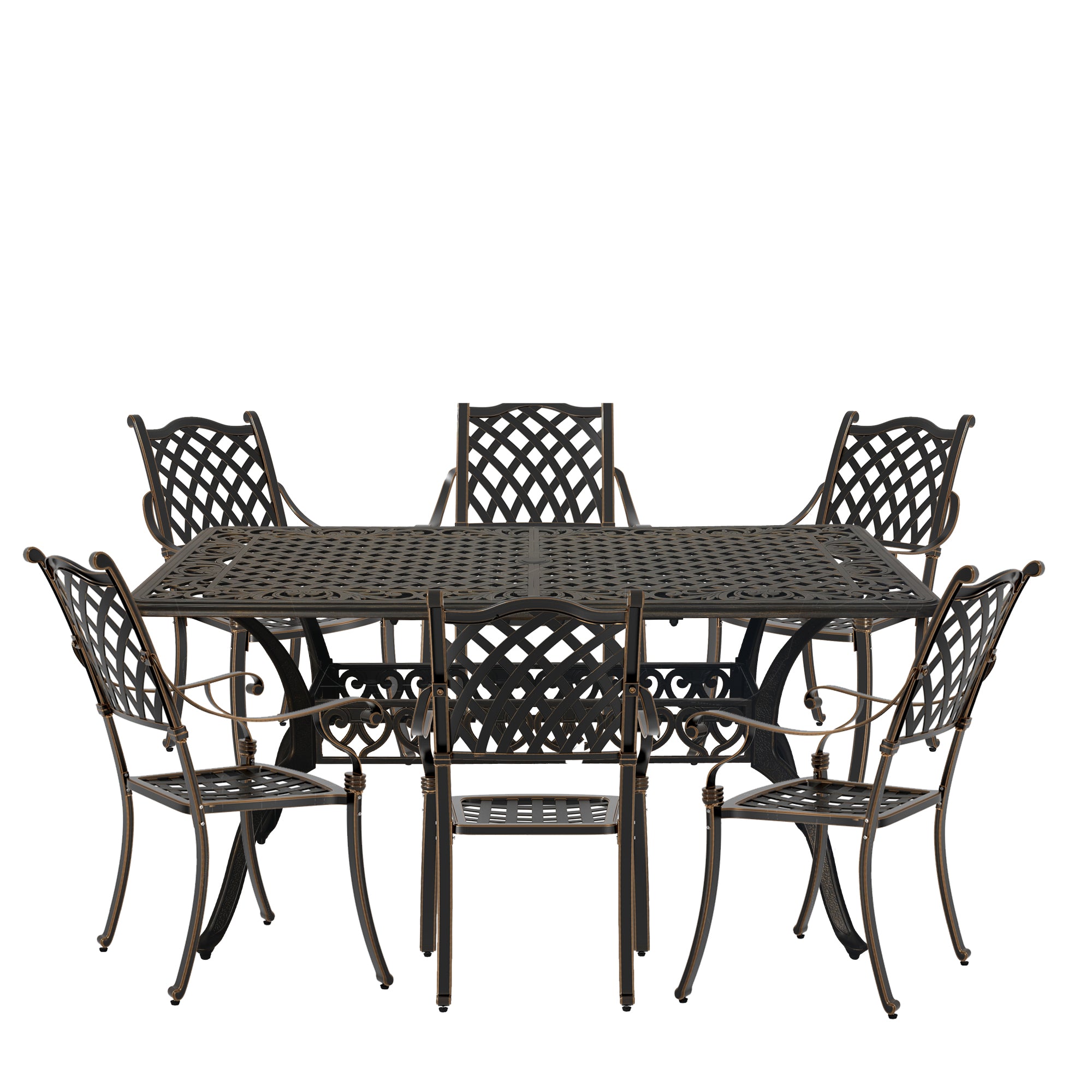 7pcs Cast Aluminium Outdoor Dining Set Patio Dining Set Patio Bistro Set 6 Outdoor Dining Chairs and 59 Inches Rectangular Dining Table for Balcony Porch Backyard Garden