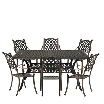 7pcs Cast Aluminium Outdoor Dining Set Patio Dining Set Patio Bistro Set 6 Outdoor Dining Chairs and 59 Inches Rectangular Dining Table for Balcony Porch Backyard Garden