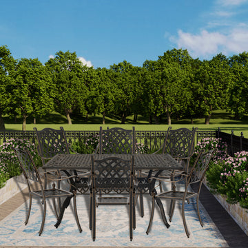 7pcs Cast Aluminium Outdoor Dining Set Patio Dining Set Patio Bistro Set 6 Outdoor Dining Chairs and 59 Inches Rectangular Dining Table for Balcony Porch Backyard Garden