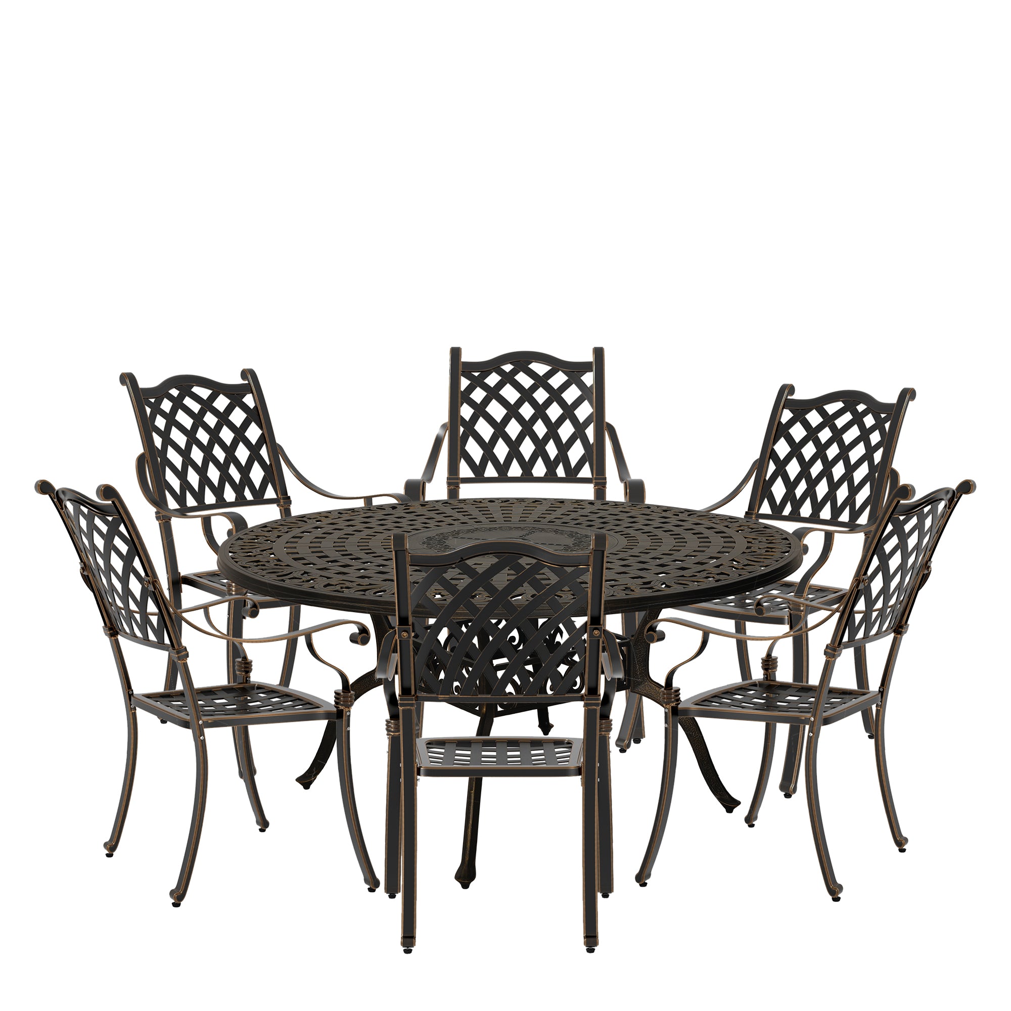 7pcs Patio Dining Set Cast Aluminium Outdoor Dining Set Patio Bistro Set 6 Outdoor Dining Chairs & 59 Inches Round Dining Table for Balcony Porch Backyard Garden
