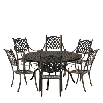 7pcs Patio Dining Set Cast Aluminium Outdoor Dining Set Patio Bistro Set 6 Outdoor Dining Chairs & 59 Inches Round Dining Table for Balcony Porch Backyard Garden