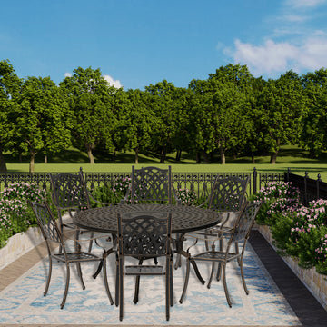 7pcs Patio Dining Set Cast Aluminium Outdoor Dining Set Patio Bistro Set 6 Outdoor Dining Chairs & 59 Inches Round Dining Table for Balcony Porch Backyard Garden