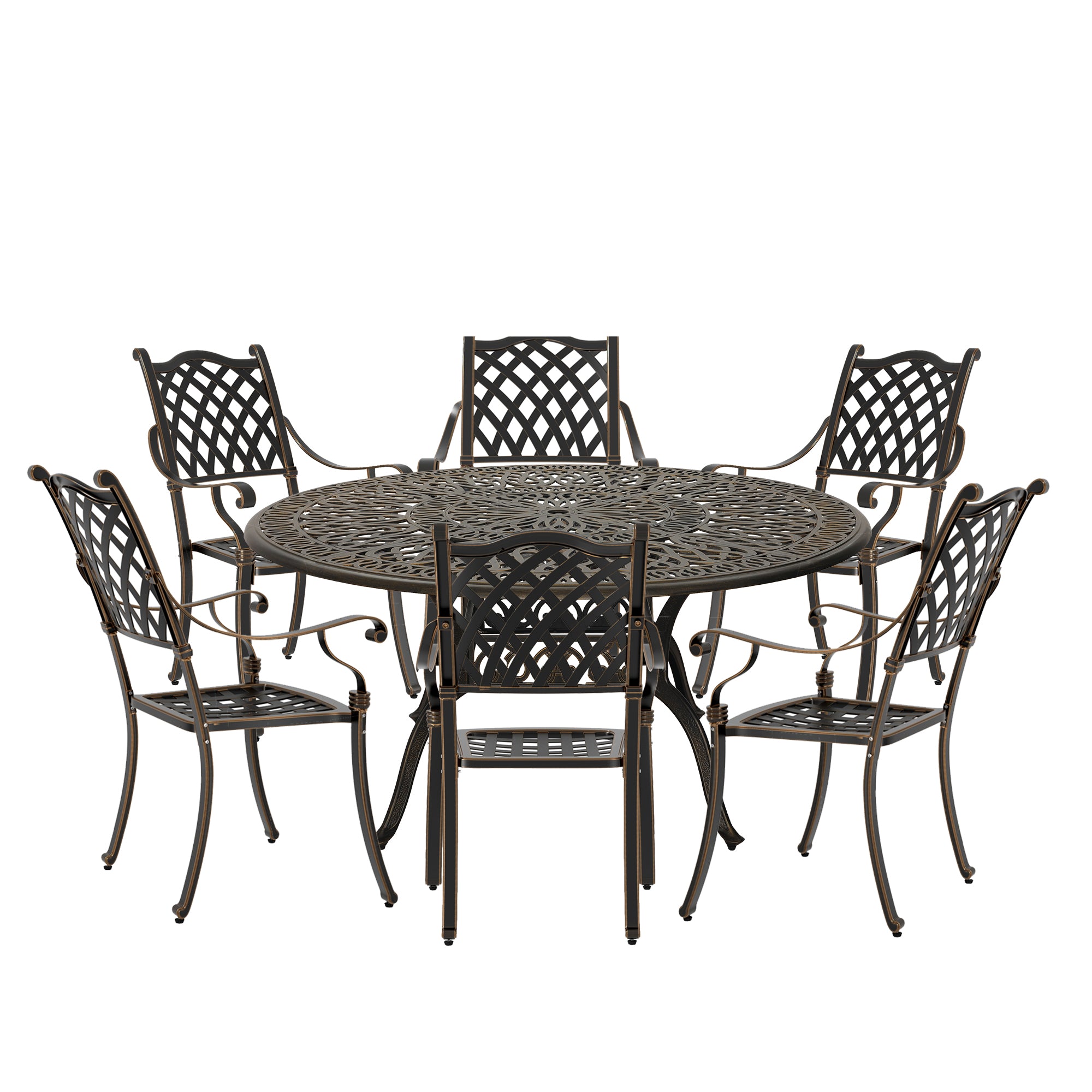 7pcs Outdoor Dining Set Cast Aluminium Patio Dining Set Patio Bistro Set 6 Outdoor Dining Chairs and 59 Inches Round Dining Table for Porch Balcony Backyard Garden