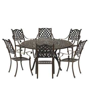7pcs Outdoor Dining Set Cast Aluminium Patio Dining Set Patio Bistro Set 6 Outdoor Dining Chairs and 59 Inches Round Dining Table for Porch Balcony Backyard Garden