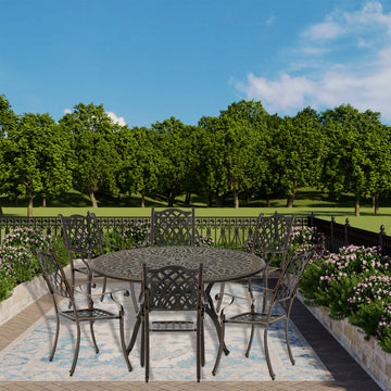 7pcs Outdoor Dining Set Cast Aluminium Patio Dining Set Patio Bistro Set 6 Outdoor Dining Chairs and 59 Inches Round Dining Table for Porch Balcony Backyard Garden