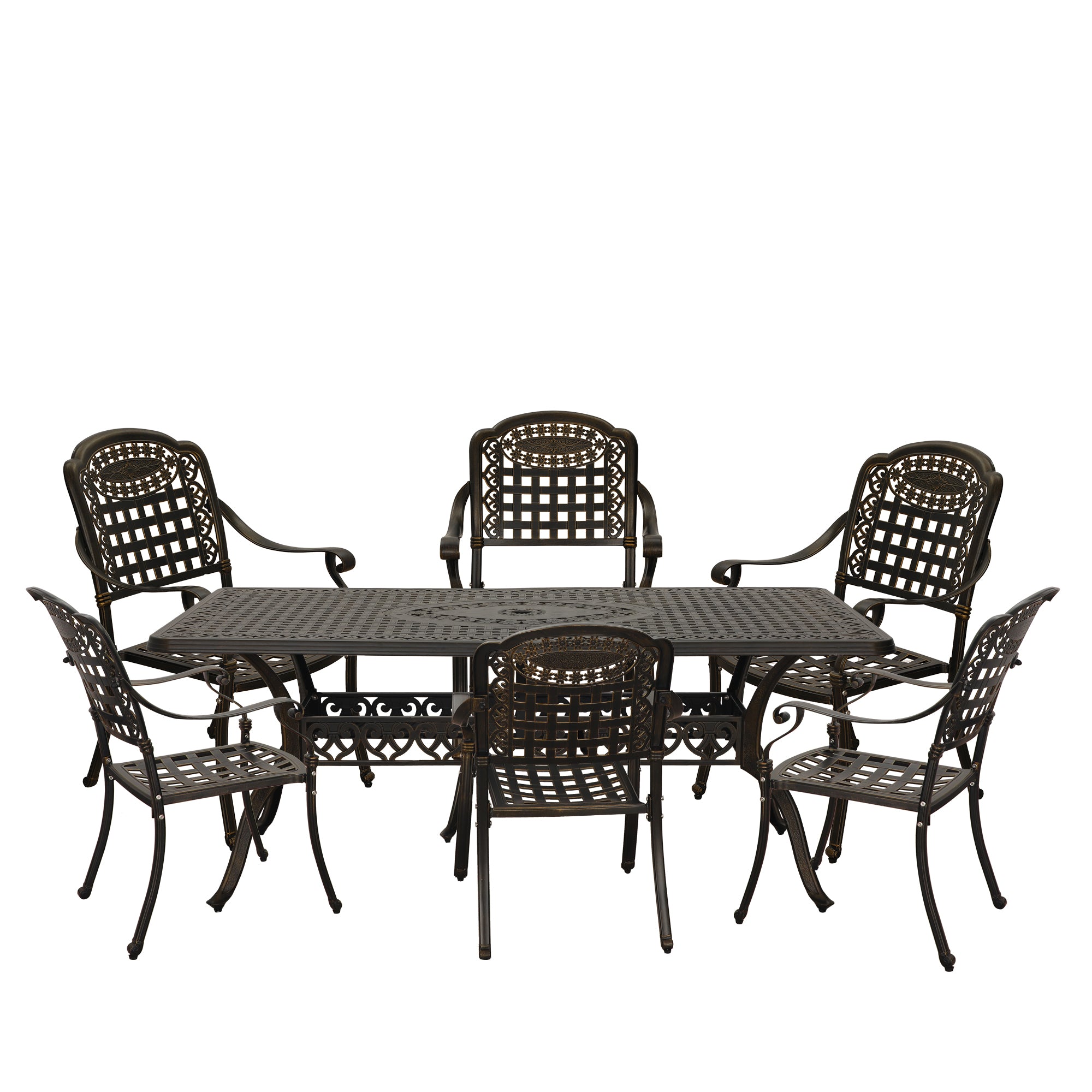 7pcs Outdoor Furniture Set Cast Aluminium Patio Dining Set 6 Outdoor Dining Chairs and 71 Inches Rectangular Dining Table for Balcony Porch Backyard Garden