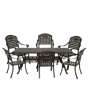 7pcs Outdoor Furniture Set Cast Aluminium Patio Dining Set 6 Outdoor Dining Chairs and 71 Inches Rectangular Dining Table for Balcony Porch Backyard Garden