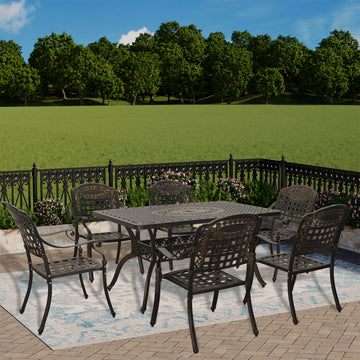 7pcs Outdoor Furniture Set Cast Aluminium Patio Dining Set 6 Outdoor Dining Chairs and 71 Inches Rectangular Dining Table for Balcony Porch Backyard Garden