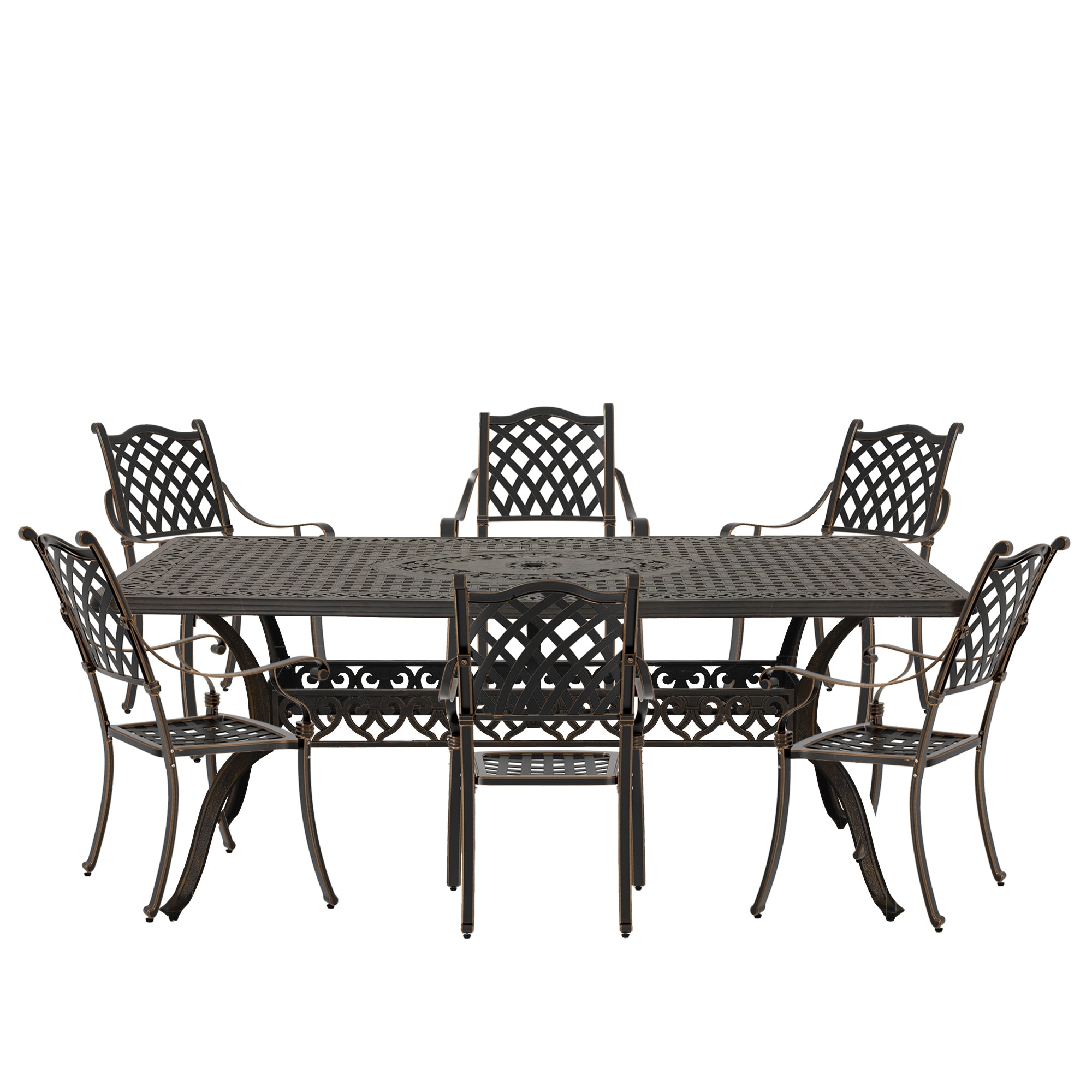 7pcs Patio Furniture Set Cast Aluminium Outdoor Dining Set 6 Outdoor Dining Chairs and 71 Inches Rectangular Dining Table for Balcony Porch Backyard Garden