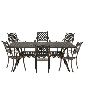 7pcs Patio Furniture Set Cast Aluminium Outdoor Dining Set 6 Outdoor Dining Chairs and 71 Inches Rectangular Dining Table for Balcony Porch Backyard Garden
