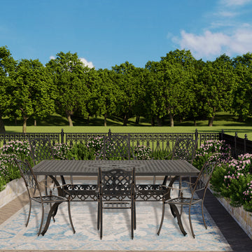 7pcs Patio Furniture Set Cast Aluminium Outdoor Dining Set 6 Outdoor Dining Chairs and 71 Inches Rectangular Dining Table for Balcony Porch Backyard Garden