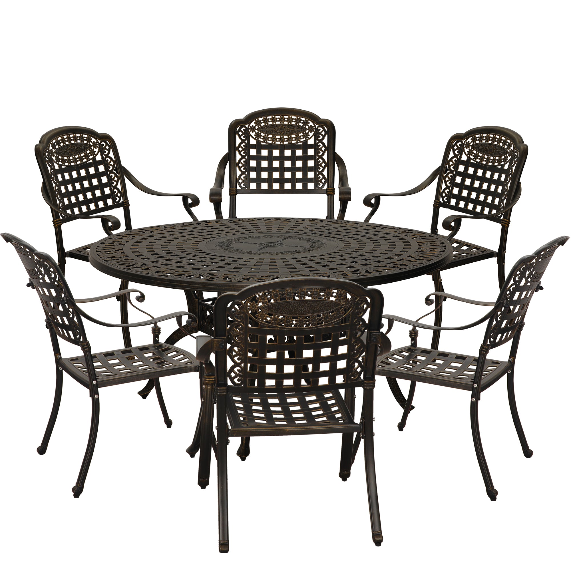 7pcs Patio Dining Set Cast Aluminium Outdoor Dining Set Patio Bistro Set 6 Outdoor Dining Chairs and 59 Inches Round Dining Table for Balcony Porch Backyard Garden