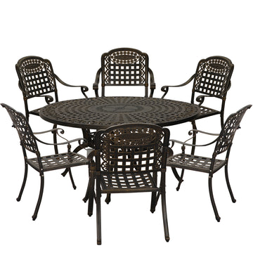 7pcs Patio Dining Set Cast Aluminium Outdoor Dining Set Patio Bistro Set 6 Outdoor Dining Chairs and 59 Inches Round Dining Table for Balcony Porch Backyard Garden