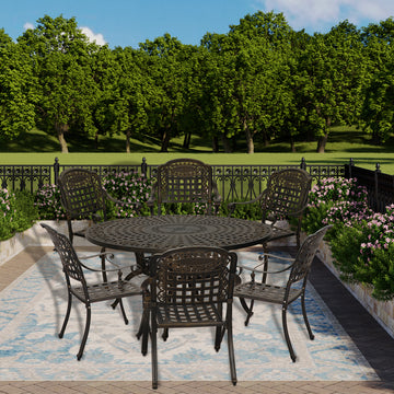 7pcs Patio Dining Set Cast Aluminium Outdoor Dining Set Patio Bistro Set 6 Outdoor Dining Chairs and 59 Inches Round Dining Table for Balcony Porch Backyard Garden