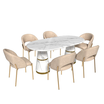 Modern Dining Table And Chairs (6-Person Table And Chair Set), Large Dining Table, Marble Countertop, 70-Inch Dining Table