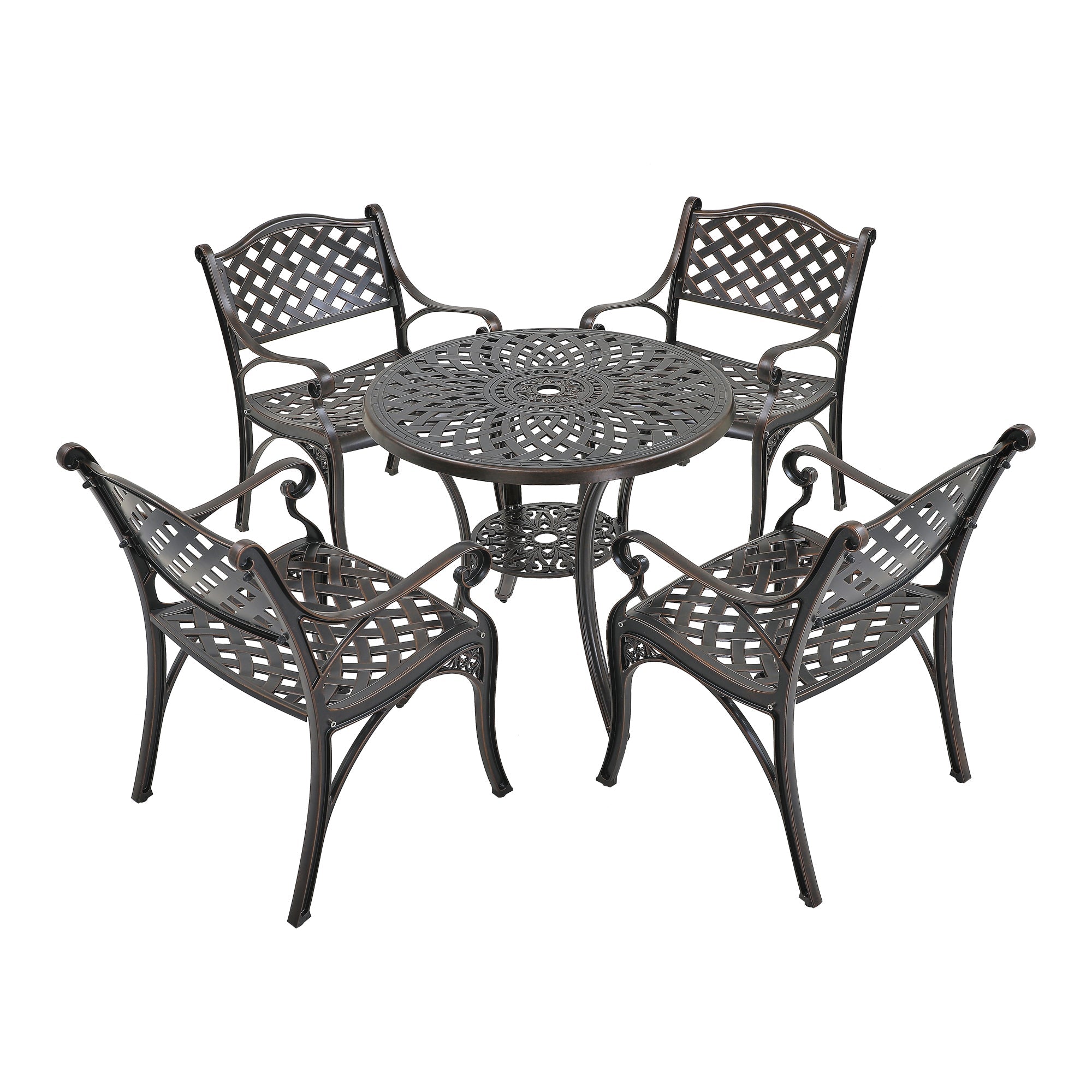 5-Piece Cast Aluminum Outdoor Furniture Patio Dining Set Patio Table with Umbrella Hole Patio Dining Chairs in Bronze