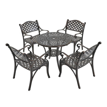 5-Piece Cast Aluminum Outdoor Furniture Patio Dining Set Patio Table with Umbrella Hole Patio Dining Chairs in Bronze
